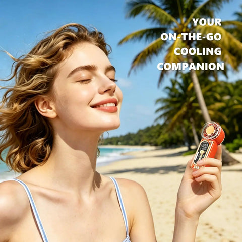 Woman on beach holding Beast Portable Handheld Fan On The Go With USB-C Rechargeable Battery, 100 Speed Adjustable