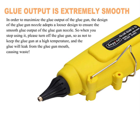 Close-up of yellow 300W Industrial Hot Glue Gun With Adjustable Switch focusing on nozzle and trigger mechanism.
