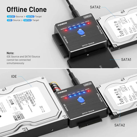 SATA IDE to USB 3.0 External Drive Adapter for 2.5 and 3.5 Inch HDD SSD and 5.25 Inch Optical Drives, Quick Plug and Play USB 3.0 Converter with Offline Clone for Easy Data Transfer showing offline clone setup with two SATA hard drives