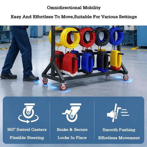 Rock Solid Wire Harness Hanging Rack With Adjustable Cable Roll Storage And Portable Shop Organizer featuring 360° swivel casters for easy mobility.