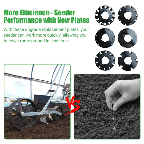 Earth-Way 1001-B Compatible Seed Plate Replacement Set shown with hand planting seeds and seeder tool in background.