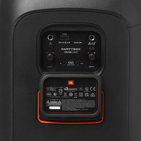 Back panel of Portable Party Speaker With Foldable Handle And Pro Sound, Club 120 with dual inputs and controls, black.