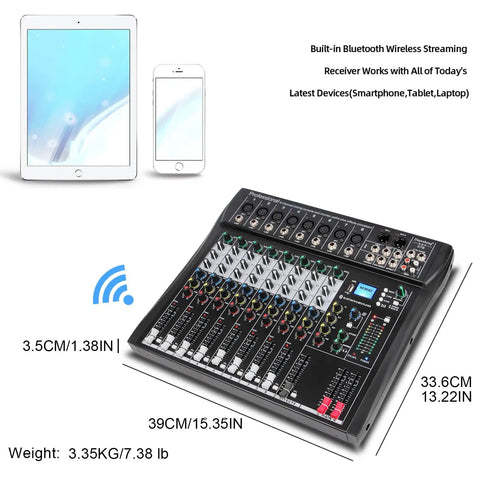 8 Channel Pro DJ Mixer Sound Board Desk Console With USB MP3 Input Bluetooth 48V Phantom Power Stereo FX Digital Interface