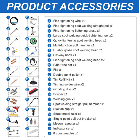 Product accessories list for 110V Spot Welder Dent Puller Kit For Car Body Repair Aluminum And Steel Pulling Stud Welder Dent Remover Machine Pro Grade Auto Body Repair Tool For Home Shop Durable Transformer Power