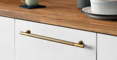 Antique Brass Cabinet Pulls 6 Pack Vintage Bronze Drawer Handles 7 1 4 Inch Center To Center installed on white kitchen cabinet
