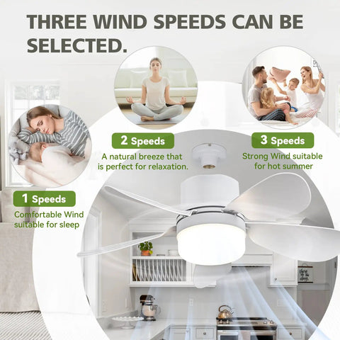 Socket Ceiling Fan Light With Remote Control, 16.54 inch diameter, shown in kitchen with speed settings for bedroom, living room use