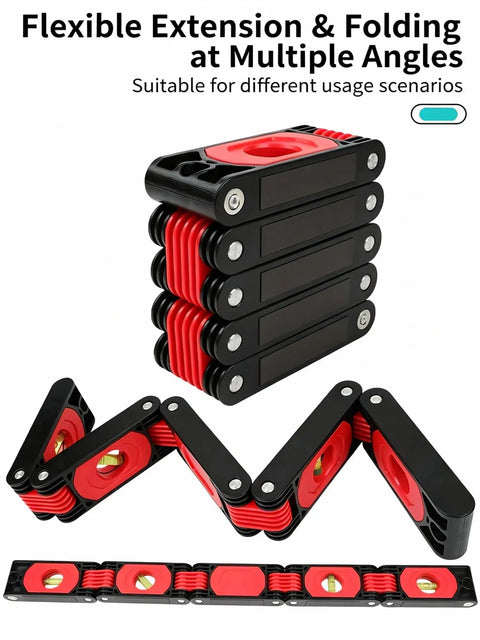 Multi-Fold Magnetic Spirit Level Measuring Ruler For Woodworking, Home in black and red, showing flexible folding design.