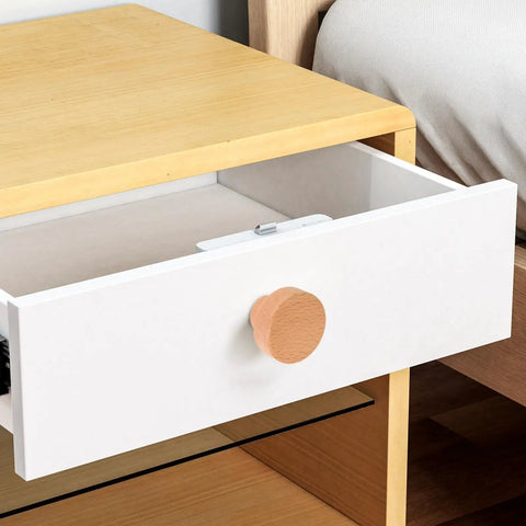Round Beech Wood Cabinet Handles 4 Pack Circular Drawer Pulls 35mm Single Hole Mount on white drawer in bedroom furniture