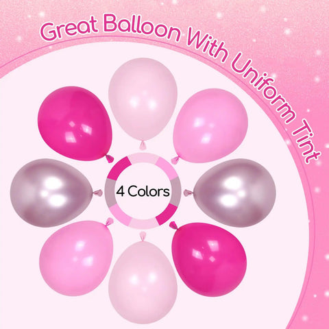 60 Pieces Hot Pink Balloons Set With Light Metallic Confetti 12 Inch Latex Balloons, four color variants arranged in a circle