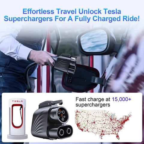 Image showing Upgraded Nacs To Ccs1 Supercharger Adapter in use at a Tesla Supercharger station, highlighting easy connectivity.