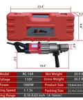 Powerful 1000W Electric Rebar Cutter For Fast 5/8 Inch Cutting With Portable Hydraulic Design and Efficient Motor shown with case and dimensions.