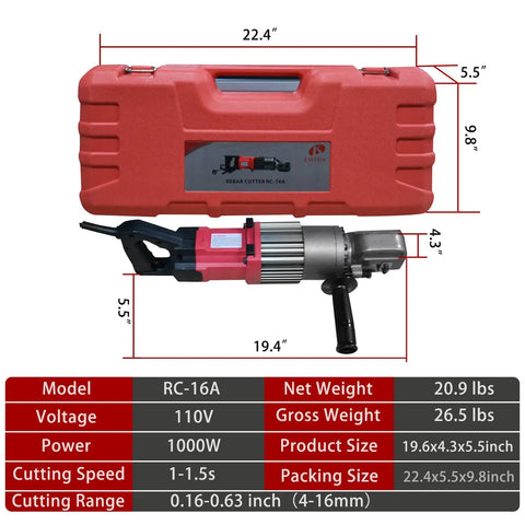 Powerful 1000W Electric Rebar Cutter For Fast 5/8 Inch Cutting With Portable Hydraulic Design and Efficient Motor shown with case and dimensions.