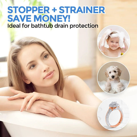 Press Down Bathtub Drain Stopper And Hair Catcher Pop Up Plug With 3 In 1 Rock Solid Build, shown in a bath setting, ideal for drain protection.
