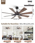 60 Inch Farmhouse Ceiling Fan With Light In Black Remote Control, Beast Airflow With Whisper Quiet DC Motor, Up To 6300 CFM, Energy Saving Up To 75 Percent, Perfect For Living Room, Bedroom, Or Covered Patio. 60-inch black fan dimensions