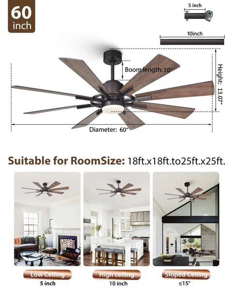 60 Inch Farmhouse Ceiling Fan With Light In Black Remote Control, Beast Airflow With Whisper Quiet DC Motor, Up To 6300 CFM, Energy Saving Up To 75 Percent, Perfect For Living Room, Bedroom, Or Covered Patio. 60-inch black fan dimensions