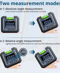 Heavy Duty Digital Angle Finder And Smart Inclinometer With Rock Solid Magnetic Base And Bright Backlight Display Accurate To Point One Degree Flawless For Woodwork And Fab Jobs showing two measurement modes.