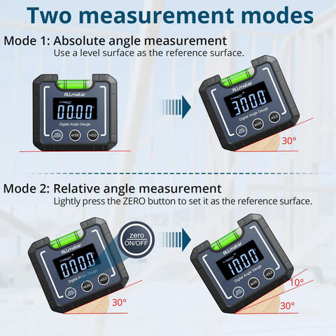 Heavy Duty Digital Angle Finder And Smart Inclinometer With Rock Solid Magnetic Base And Bright Backlight Display Accurate To Point One Degree Flawless For Woodwork And Fab Jobs showing two measurement modes.