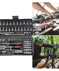 Shop Grade Badass 53 Piece 1/4 Inch Drive Torque Wrench Set With Thick Rubber Grip And Versatile Screwdriver Bits For No Sweat Car Repair Work Top Shelf Combo Tool Kit with tools, ratchet, and socket set in use.