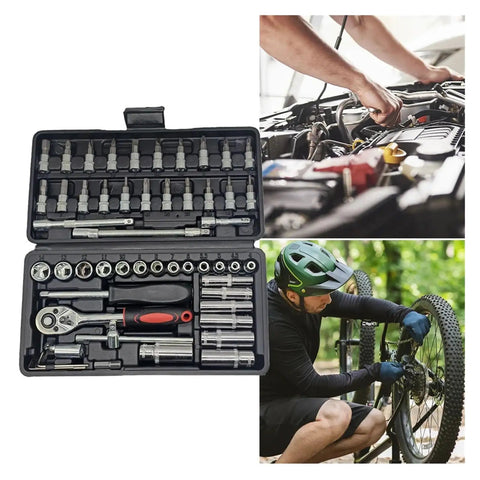 Shop Grade Badass 53 Piece 1/4 Inch Drive Torque Wrench Set With Thick Rubber Grip And Versatile Screwdriver Bits For No Sweat Car Repair Work Top Shelf Combo Tool Kit with tools, ratchet, and socket set in use.