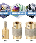 Diamond Grinder Bit Set For Stained Glass 4 Piece Brass Core Bits One Eighth Inch One Quarter Inch Three Fourths Inch One Inch