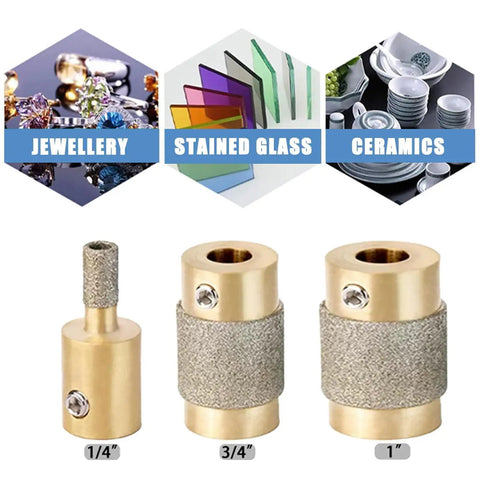 Diamond Grinder Bit Set For Stained Glass 4 Piece Brass Core Bits One Eighth Inch One Quarter Inch Three Fourths Inch One Inch