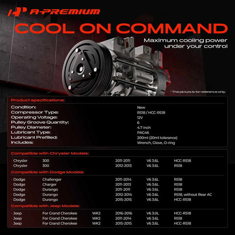 Heavy Duty AC Compressor With Clutch And Precharged PAG46 Oil Fits Jeep Grand Cherokee Chrysler 300 Dodge Durango 3.6L V6 specification sheet.