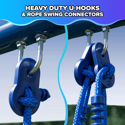 Close-up of heavy duty U-hooks and rope swing connectors on My First Swing And Saucer Outdoor Playset For Backyard.