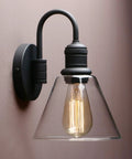 Retro Industrial Wall Sconce Light With Clear Glass Funnel Shade And Gooseneck Curve In Black Finish For Bathroom Porch Kitchen Living Room Hotel Bar Foyer E26 Compatible Hardwired Fixture