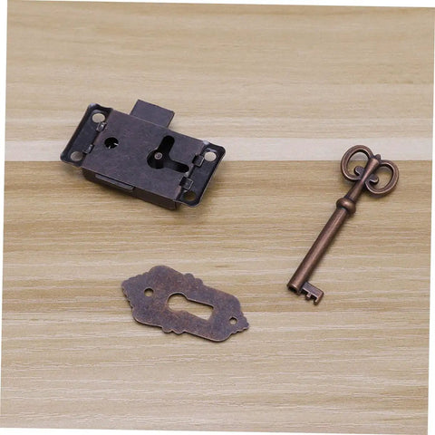 Retro Vintage Wooden Jewelry Box Latches Set 4 Alloy Draw Latch Locks with Screws shown with metal key and lock plate