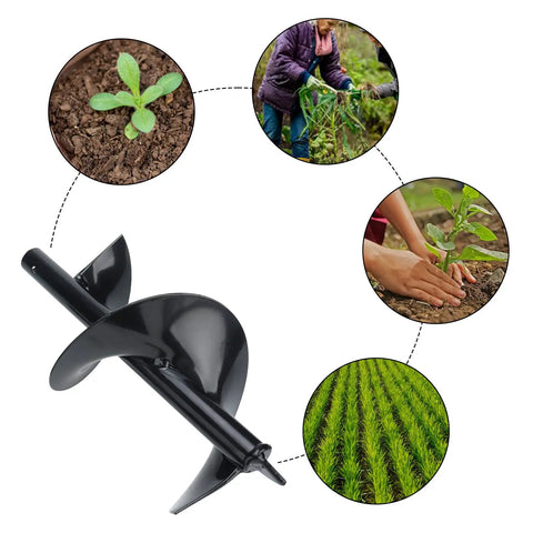 Heavy Duty Garden Auger Drill Bit 5.9 Inch By 33 Inch Handheld Post Hole Digger with images of planting and gardening uses