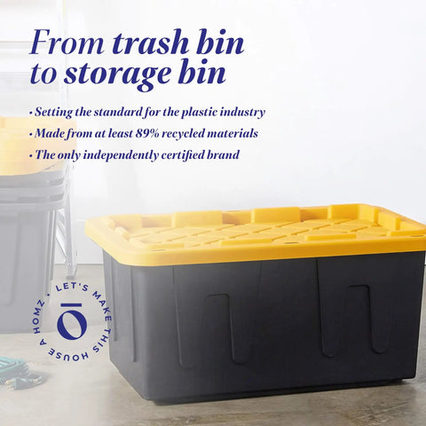 Heavy Duty Plastic Storage Bins With Lids 15 Gallon Black Yellow Six Piece Stackable Tote Set on concrete floor