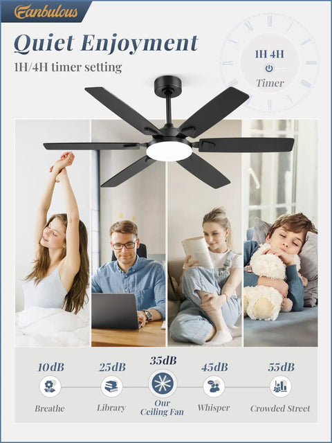 52 Inch Indoor Outdoor Ceiling Fan With Lights, Modern Reversible Blades, Quiet DC Motor beside relaxation scenes.