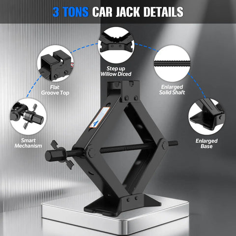 Heavy Duty Three Ton Scissor Car Jack 6614 Pound Capacity Rock Solid Alloy Steel Design with enhanced base and smart mechanism.