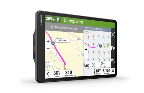 OTR1020 Renewed 10-Inch GPS Truck Navigator With Extra Large High-Res Screen, showing route map and wind alerts