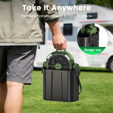 Person carrying Portable Misting Fan With Four Mist Sprayers Rechargeable 9 Inch Oscillating Camp Fan