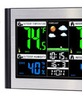 Wireless Indoor Outdoor Weather Station With Color Display Digital Temperature And Humidity Monitor Alarm Clock USB Port Adjustable Backlight 6.1 Inch Screen Easy To Read Interface Black And Silver, showing colorful temperature and humidity readings on screen.