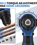 12V Cordless Drill Set With Brushless Motor 350 In Lb Torque And 1500 RPM Lightweight Workhorse showing torque settings