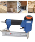 Pro Grade Pneumatic 18 Gauge Brad Nailer For Woodworking And Cabinet Building with ergonomic grip and adjustable pressure knob.