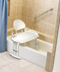 Tub Transfer Bench Shower Chair for Elderly and Disabled with adjustable height in a bathroom setting, showing non-slip seat and backrest.