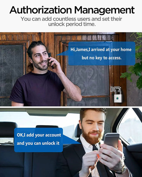 Two men managing access with a smartphone; one at a door, one in a car; highlighting Fingerprint Padlock Keyless Biometric Lock advantages.