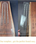 Built Tough Acrylic Cribbage Template And 1/4 Inch Thick Router Guide Kit For Building Slick Game Boards With Crisp Drill Marks And Tight Three Track Routing Project showcasing templates on wood.