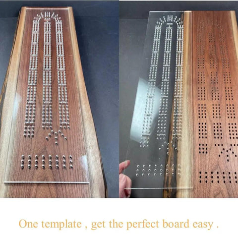 Built Tough Acrylic Cribbage Template And 1/4 Inch Thick Router Guide Kit For Building Slick Game Boards With Crisp Drill Marks And Tight Three Track Routing Project showcasing templates on wood.
