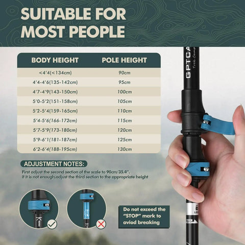 Hand adjusting Ultralight Collapsible Trekking Poles For Hiking with size chart and adjustment notes visible
