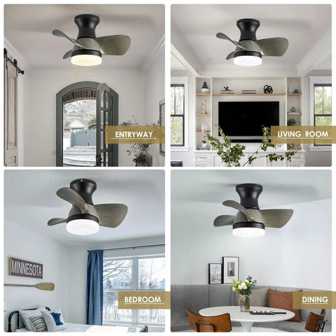 Collage of 20 Inch Mini Ceiling Fan With Light Remote Quiet Flush Mount 3 Reversible Blades in various room settings
