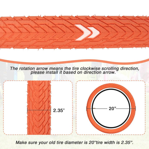 20x2.35 Bike Tire Set For BMX MTB Orange folding replacement with tread pattern, arrow for rotation direction, 20" and 2.35" sizes.