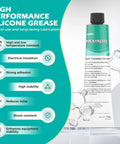 Front view of Molykote High Vacuum Grease bottle, green container with black cap, 150 g silicone lubricant.