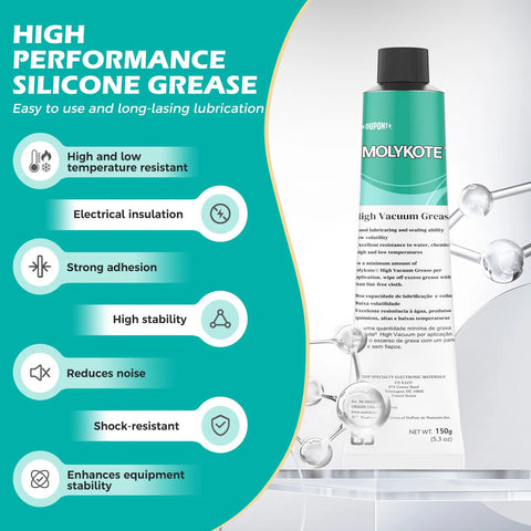 Front view of Molykote High Vacuum Grease bottle, green container with black cap, 150 g silicone lubricant.