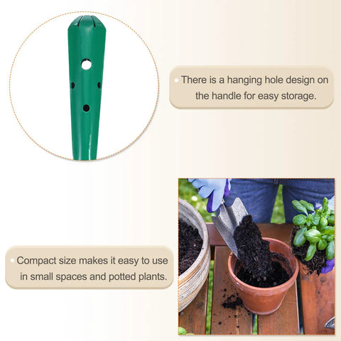 Two Pack Mini Colorful Metal Garden Shovels Set 11 Inch Hand Trowels For Planting Transplanting Soil Digging Weeding In Small Pots Durable Iron Tools With Bright Pink Finish, showing shovel handle with hanging hole and trowel digging in pot.