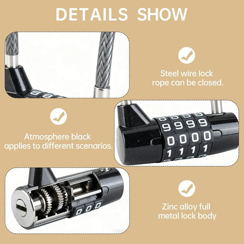 Heavy Duty 4 Digit Combo Cable Lock With Resettable Braided Steel Wire And Smooth Protective Jacket for security with exposed lock components.