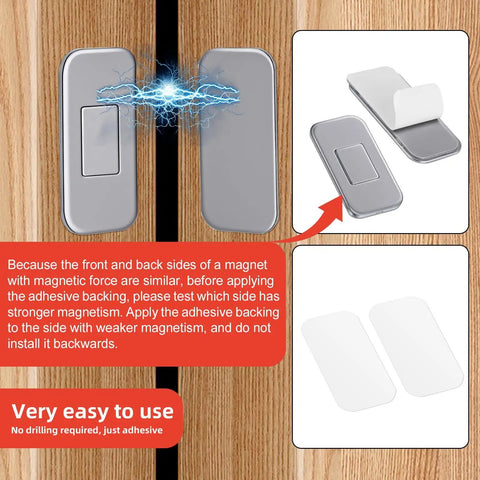 6 Pack Ultra Thin Magnetic Cabinet Door Catches No Drill, Punch Free Stainless Steel, showing adhesive application